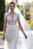 Glamorous V-neck Mermaid Appliques Long Sleeves Wedding Dress With Lace-misshow.com