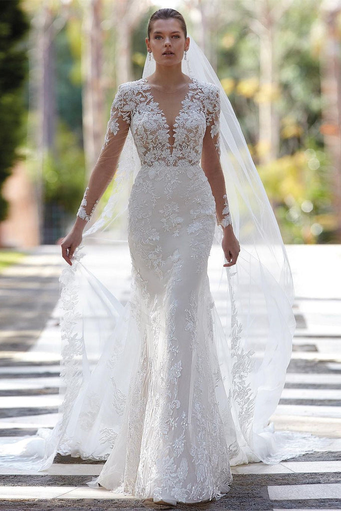 Glamorous V-neck Mermaid Appliques Long Sleeves Wedding Dress With Lac –  misshow.com