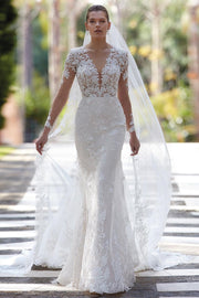 Glamorous V-neck Mermaid Appliques Long Sleeves Wedding Dress With Lace