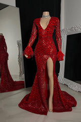 Glamorous V-neck Spilt Front Mermaid Prom Dress With Long Sleeves-misshow.com