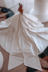 Glamorous White A-line Beading Satin Wedding Dress With Train-misshow.com