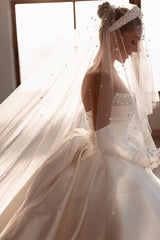 Glamorous White A-line Beading Satin Wedding Dress With Train-misshow.com