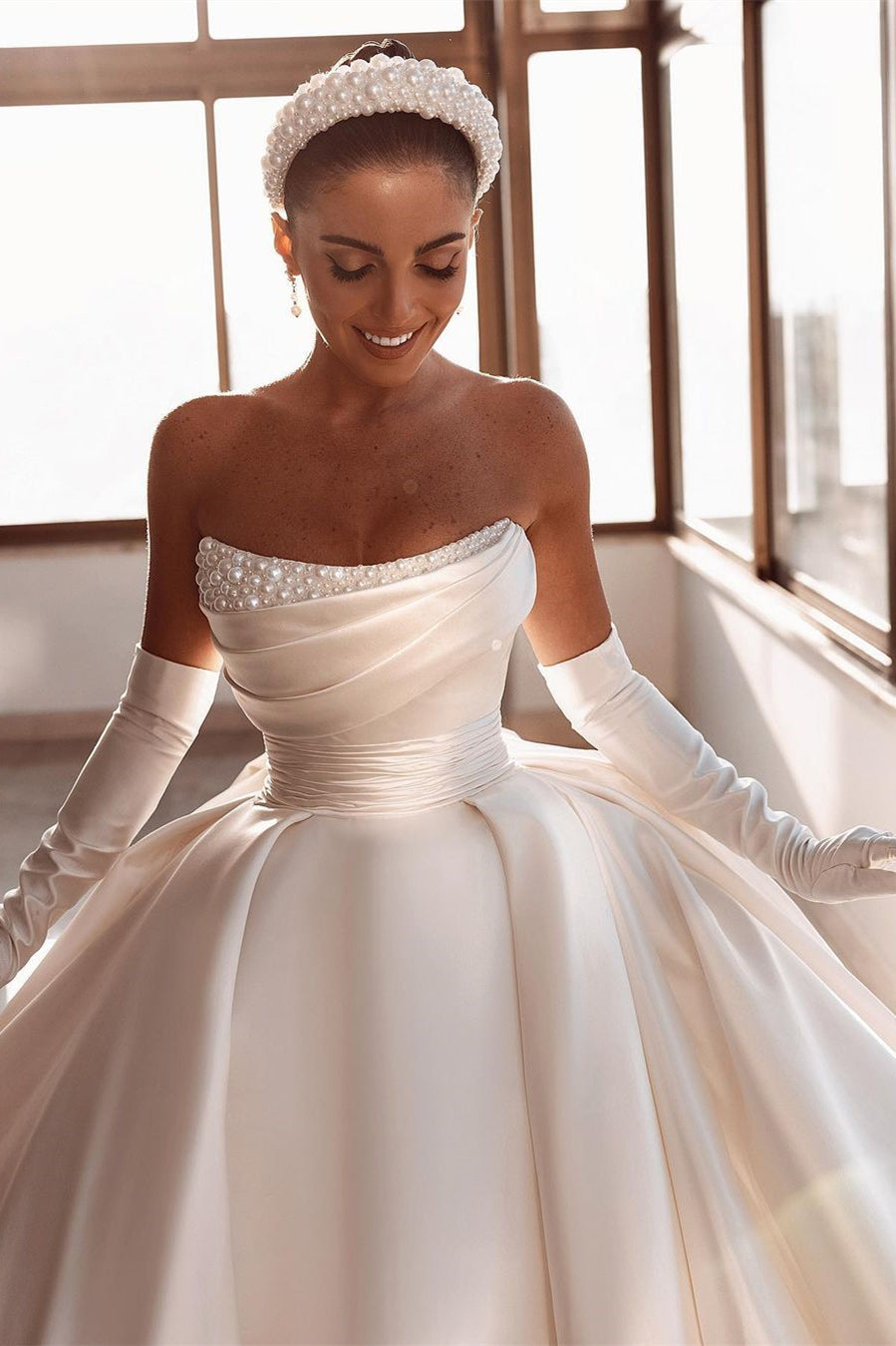 Glamorous White A-line Beading Satin Wedding Dress With Train-misshow.com