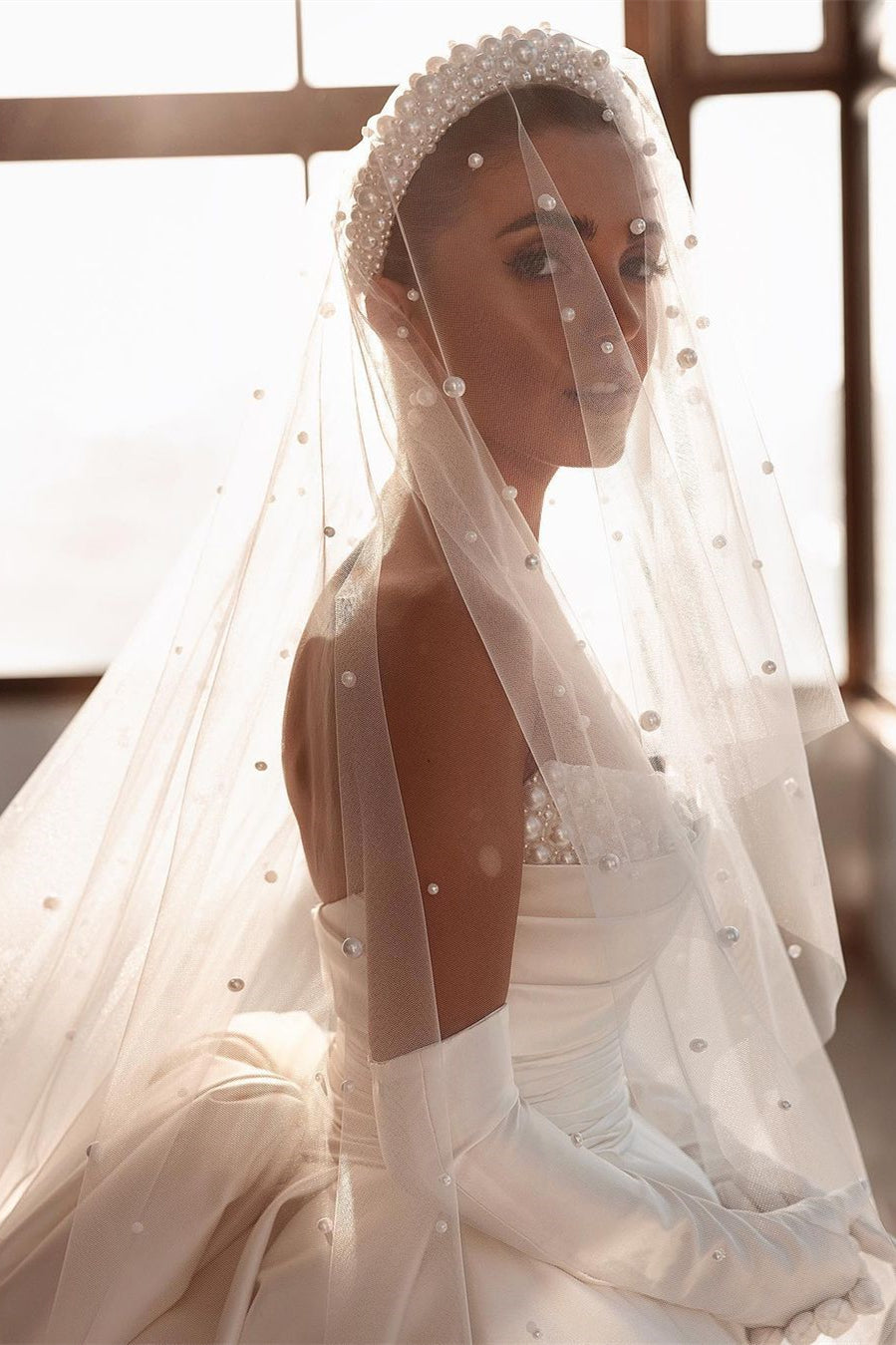Glamorous White A-line Beading Satin Wedding Dress With Train-misshow.com