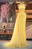 Glamorous Yellow High Neck Sleeveless Sequined Floor Length Prom Dress With Ruffles
