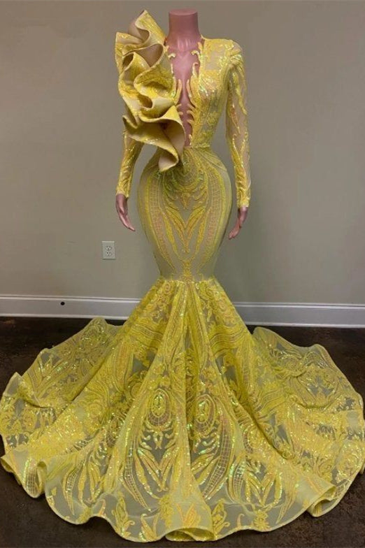 Glamorous Yellow V-neck Long Sleeve Floor-length Mermaid Prom Dresses-misshow.com