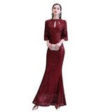 The gorgeous Glitter Half Sleeves Key hole Mermaid Party Dress Burgundy will stun every girl. The Sequined Vintage Party dress will add extra elegance to your wholesale look.