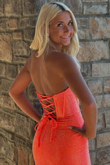Glitter Orange Strapless Mermaid Beaded Long Corset Prom Dress with Ruffles