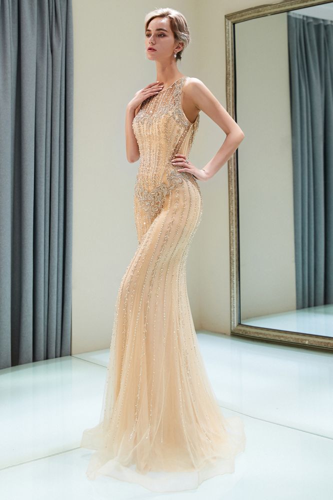 MISSHOW offers Glitter Sleeveless Beading Golden Evening Dress Crew Neck Mermaid Party Gown at a good price from Gold,Tulle to Mermaid Floor-length them. Stunning yet affordable Sleeveless Prom Dresses,Evening Dresses.