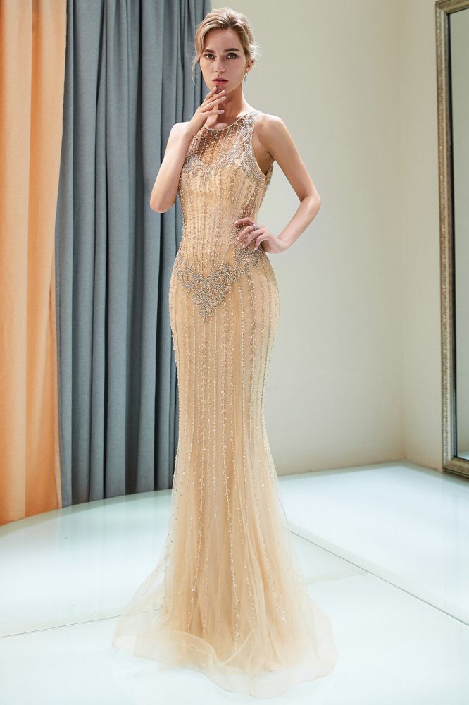 MISSHOW offers Glitter Sleeveless Beading Golden Evening Dress Crew Neck Mermaid Party Gown at a good price from Gold,Tulle to Mermaid Floor-length them. Stunning yet affordable Sleeveless Prom Dresses,Evening Dresses.