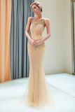 Glitter Sleeveless Beading Golden Evening Dress Crew Neck Mermaid Party Gown