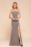 Glitter Strapless Floor Length Prom Dress Sleeveless Split Slit Evening Gown