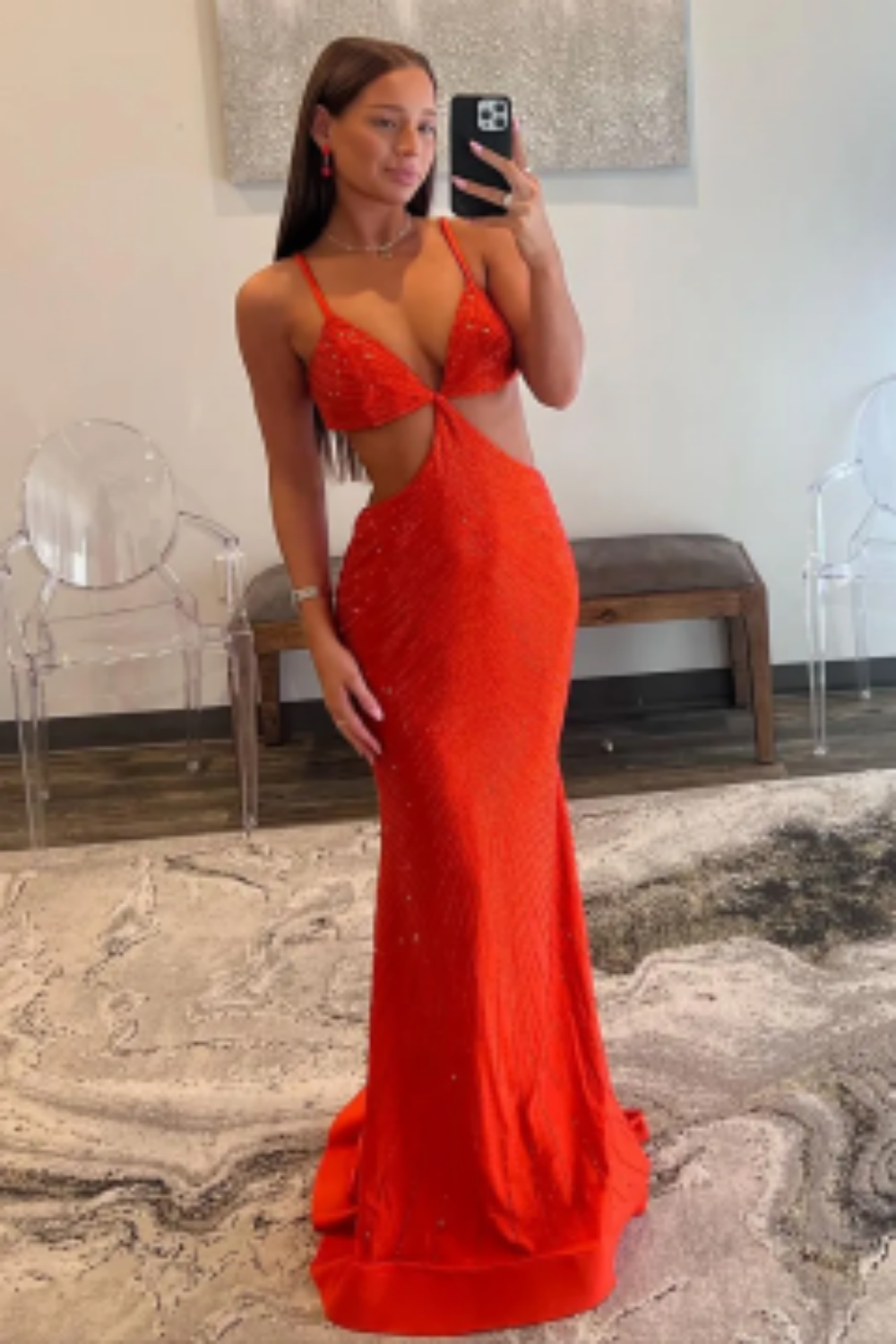 Glitter Yellow Spaghetti Straps Mermaid Cut-Out Long Prom Dress with Beading