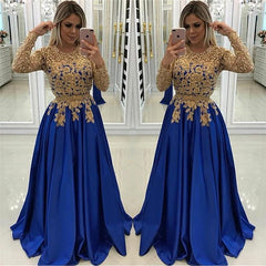 Gold Beads Lace Appliques Evening Dress with Sleeves-misshow.com