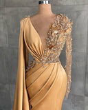 Gold Long Glitter Prom Dresses Evening dresses with sleeves-misshow.com