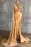 Gold Long Glitter Prom Dresses Evening dresses with sleeves
