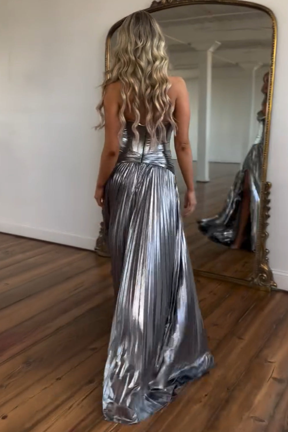Golden Sweetheart A-Line Metallic Pleated Long Corset Prom Dress with Slit