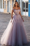Gorgeous A-line Off-the-shoulder Tulle Prom Dress With Beads