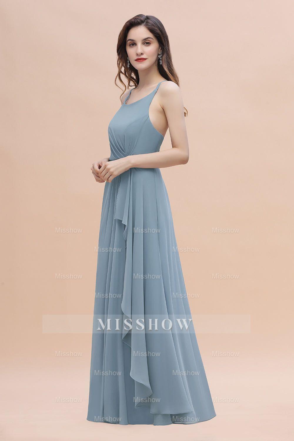Gorgeous A-Line Straps Dusty Blue Chiffon Bridesmaid Dresses with Ruffles On Sale Gorgeous A-Line Straps Dusty Blue Chiffon Bridesmaid Dresses with Ruffles On Sale