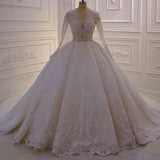 Gorgeous A-line White V-neck Long Sleeves Lace Sequined Wedding Dress-misshow.com