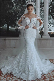 Gorgeous Beaded Lace Mermaid Wedding Dress leeves Sheer Tulle Appliques Bridal Wears