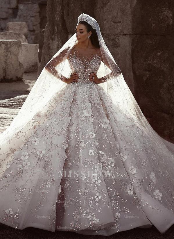 Gorgeous Beading Floral Bridal Wears Sheer Neck Long Sleeves Princess misshow.com Gorgeous Beading Floral Bridal Wears Sheer Neck Long Sleeves Princess misshow.com