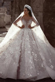 Gorgeous Beading Floral Bridal Wears Sheer Neck Long Sleeves Princess Wedding Dress