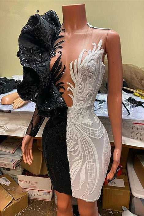Gorgeous Bicolor V-neck Appliques Lace Mini Column Prom Dresses-misshow.com