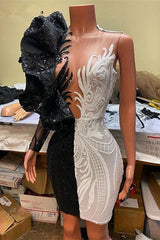 Gorgeous Bicolor V-neck Appliques Lace Mini Column Prom Dresses-misshow.com