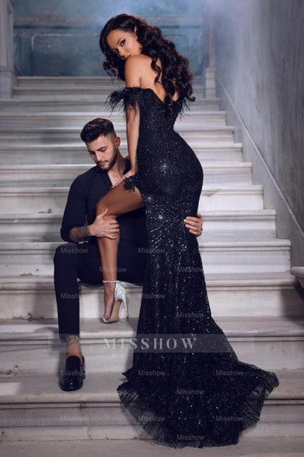 Gorgeous Black Long Off-the-shoulder Lace Sequined Evening Dresses With Slit Gorgeous Black Long Off-the-shoulder Lace Sequined Evening Dresses With Slit