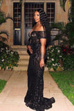 Gorgeous Black One Shoulder Long Sleeve Lace Mermaid Prom Dress-misshow.com