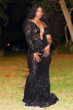 Gorgeous Black One Shoulder Long Sleeve Lace Mermaid Prom Dress-misshow.com