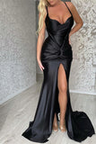 Gorgeous Black Spaghetti Straps Sleeveless Mermaid Prom Dresses With Slit-misshow.com