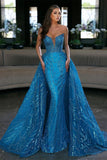 Gorgeous Blue Long Mermaid Sleeveless Prom Dress With Detachable Train