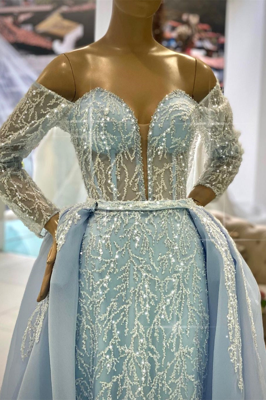 Gorgeous Blue Off-the-shoulder Long Sleeves A-line Beading Prom Dress-misshow.com