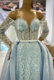 Gorgeous Blue Off-the-shoulder Long Sleeves A-line Beading Prom Dress-misshow.com