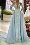 Gorgeous Blue Off-the-shoulder Long Sleeves A-line Beading Prom Dress