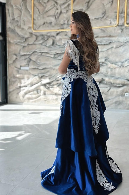 Gorgeous Blue Sweetheart Column Appliques Sleeveless Split Front Floor-length Prom Evening Dresses with Train-misshow.com
