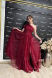 Gorgeous Burgundy Long Glitter A-line One Shoulder Sleeveless Evening Dresses With Slit-misshow.com