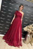 Gorgeous Burgundy Long Glitter A-line One Shoulder Sleeveless Evening Dresses With Slit