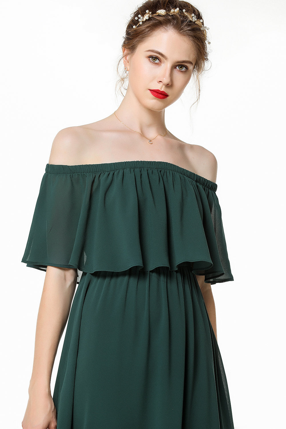Gorgeous Chiffon Flounced Crinkle Cold-shoulder Long Bridesmaid dresses Affordable