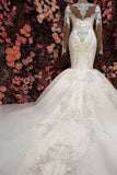 Gorgeous Crystals Mermaid Bridal Wears Long Sleeves Chapel Train Wedding Dress-misshow.com