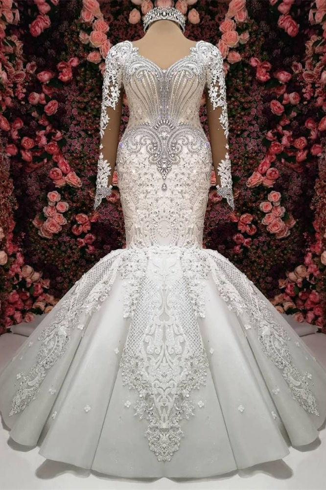 Gorgeous Crystals Mermaid Bridal Wears Long Sleeves Chapel Train Wedding Dress-misshow.com