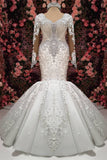 Gorgeous Crystals Mermaid Bridal Wears Long Sleeves Chapel Train Wedding Dress