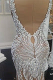 Gorgeous Crystals Mermaid Wedding Dress V-Neck Backless Champagne Bridal Wears-misshow.com