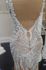 Gorgeous Crystals Mermaid Wedding Dress V-Neck Backless Champagne Bridal Wears-misshow.com