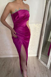 Gorgeous Fuchsia Strapless Crystal Prom Dress With Slit