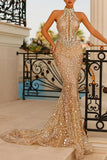 Gorgeous Gold Long Glitter High Neck Mermaid Sleeveless Evening Dresses