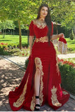 Gorgeous Halter Red Velvet Mermaid Evening Gown with Gold Appliques Half Sleeves-misshow.com