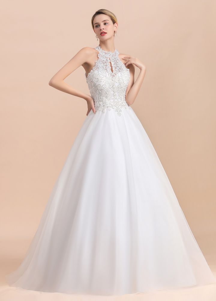 Looking for  in Tulle, A-line style, and Gorgeous Rhinestone work  MISSHOW has all covered on this elegant Gorgeous Halter Rhinstones Wedding Dress White Tulle Lace Appliques Aline Bridal Gown